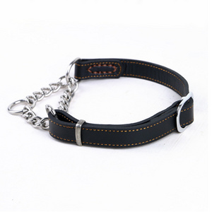 Colorful Genuine Leather Stainless Steel Custom Leather Pet Dog Collar with Stainless Steel Chain