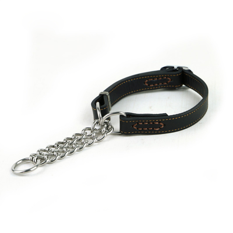 Colorful Genuine Leather Stainless Steel Custom Leather Pet Dog Collar with Stainless Steel Chain