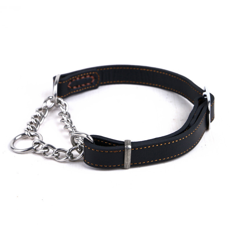 Colorful Genuine Leather Stainless Steel Custom Leather Pet Dog Collar with Stainless Steel Chain