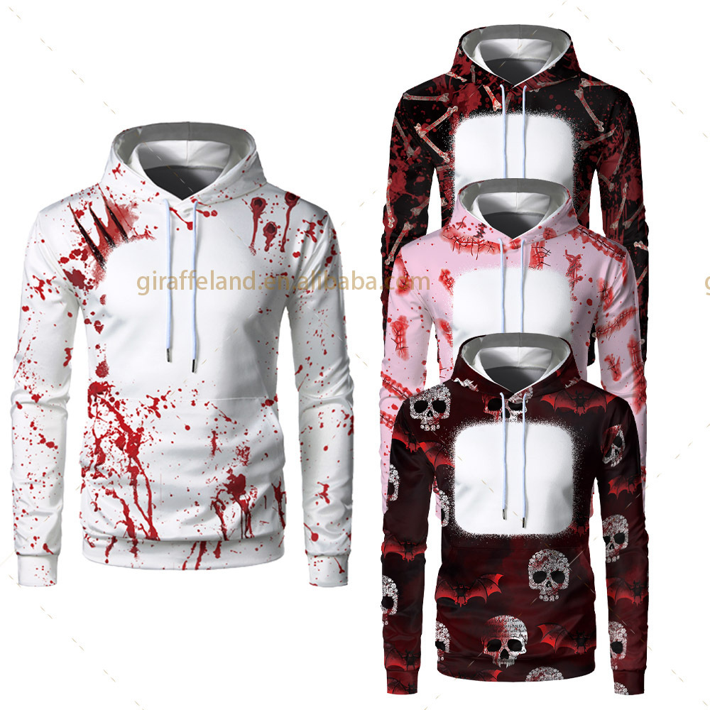 USA Warehouse Halloween Custom Kangaroo Pocket Pullover Hoodies 95% Polyester Air Layer Bleached Sublimation Sweatshirt Kids Men