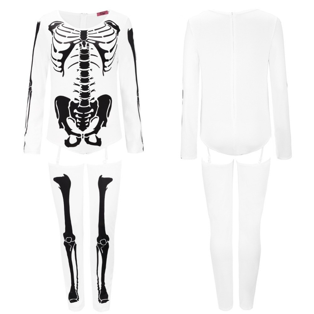 Latest ghost festival adult halloween skeleton sexy costume with garter belt