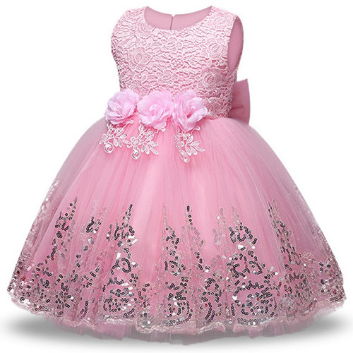 Sequin 3D  kids party dress flower big bow design dresses children Round neck knee length 10 years dresses