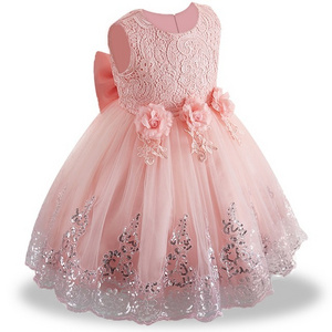 Sequin 3D  kids party dress flower big bow design dresses children Round neck knee length 10 years dresses