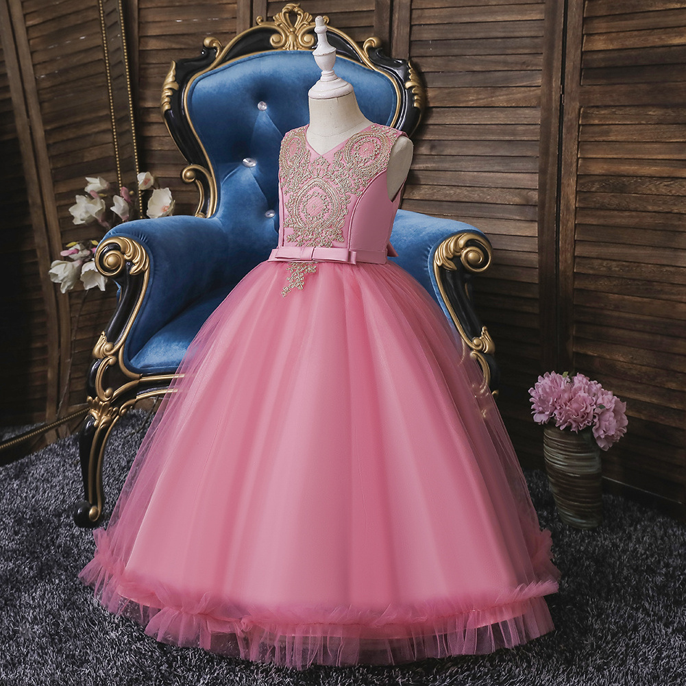 European style  dresses children exquisite embroidery flower long girl wedding party dress bridesmaid prom dress for child