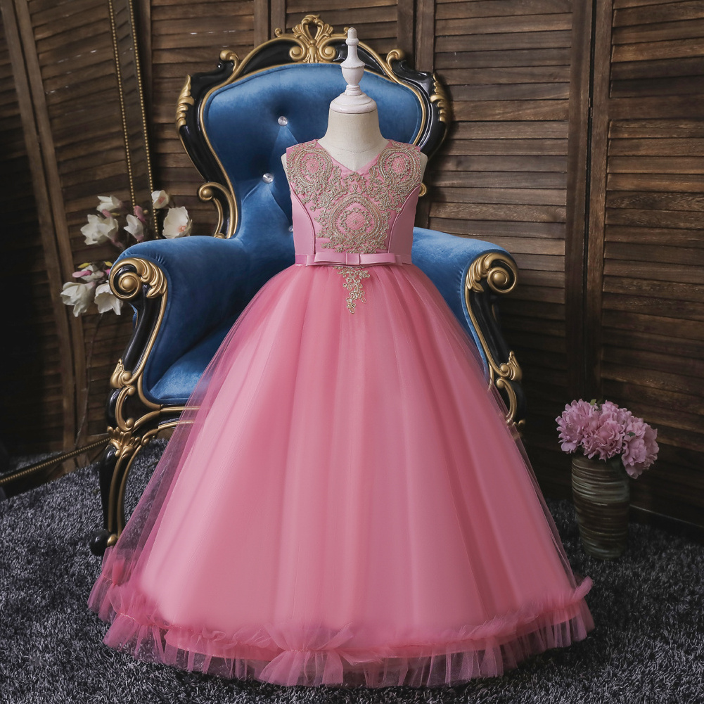 European style  dresses children exquisite embroidery flower long girl wedding party dress bridesmaid prom dress for child