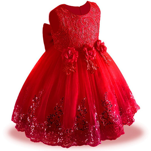 Sequin 3D  kids party dress flower big bow design dresses children Round neck knee length 10 years dresses