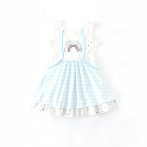 Hot sale Summer Rainbow little princess boutique seersucker smocked dress light blue short sleeve Sweety baby girl dress