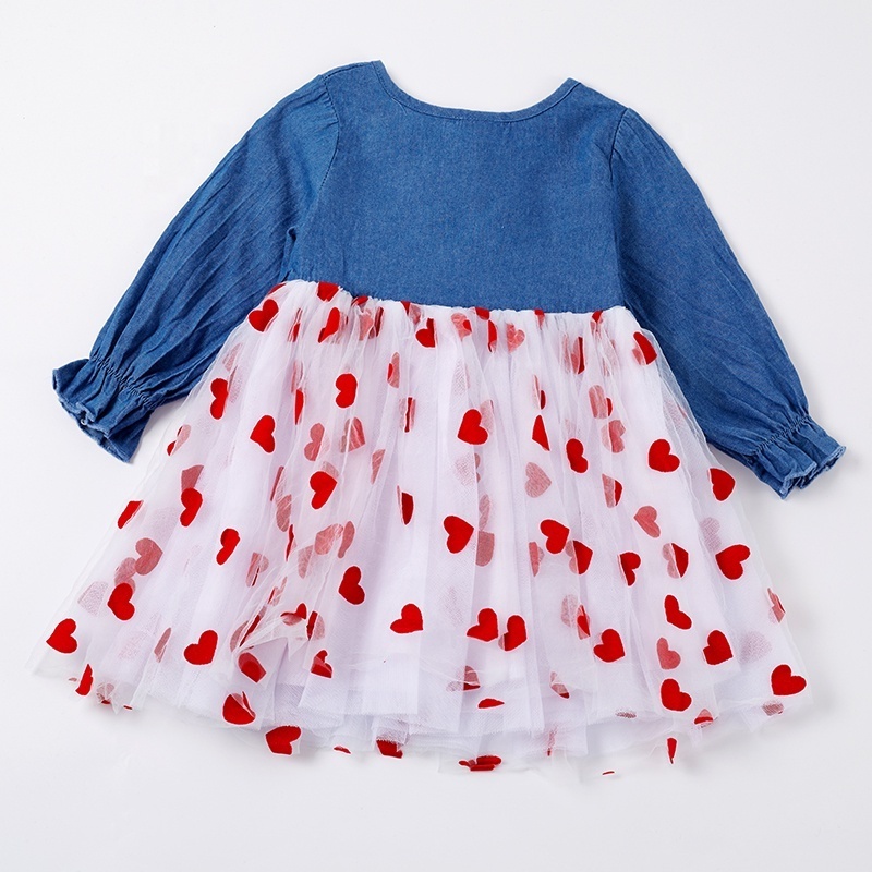 Girlymax 2023 Valentine Blue Red Heart Veil Ruffle  Long Sleeve and Knee Length Boutique Baby Girls Dresses