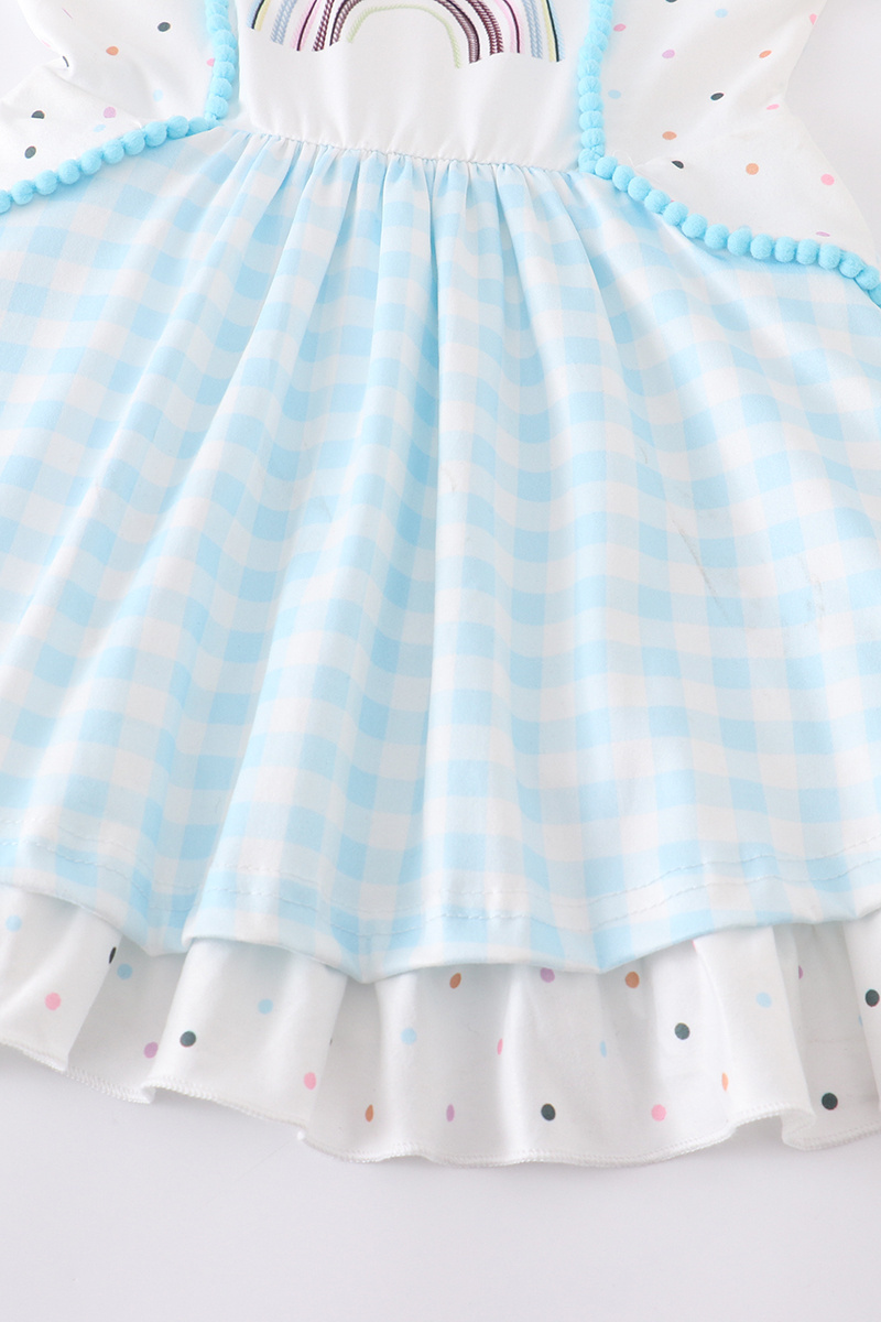 Hot sale Summer Rainbow little princess boutique seersucker smocked dress light blue short sleeve Sweety baby girl dress