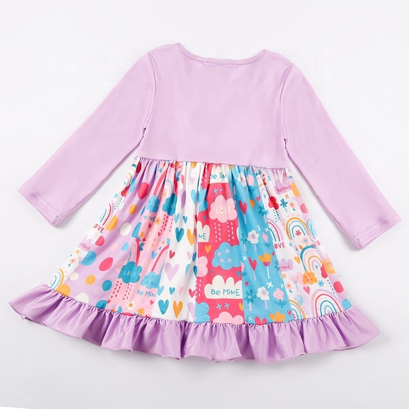 Girlymax 2023 Valentine Violet Rainbow Romantic Ruffle Hem Long Sleeve and Knee Length Boutique Baby Girls Dresses