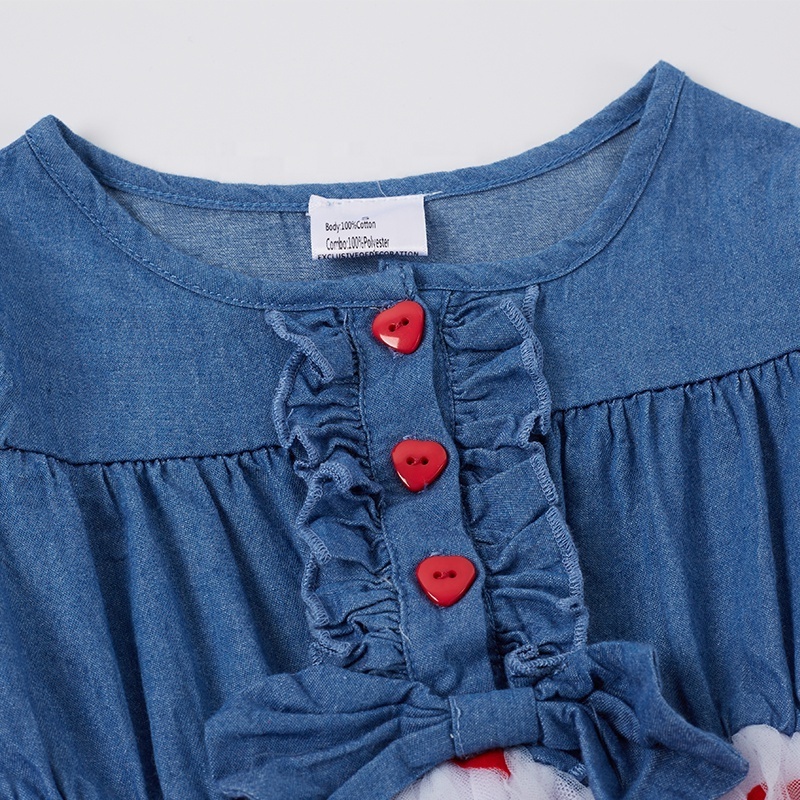 Girlymax 2023 Valentine Blue Red Heart Veil Ruffle  Long Sleeve and Knee Length Boutique Baby Girls Dresses