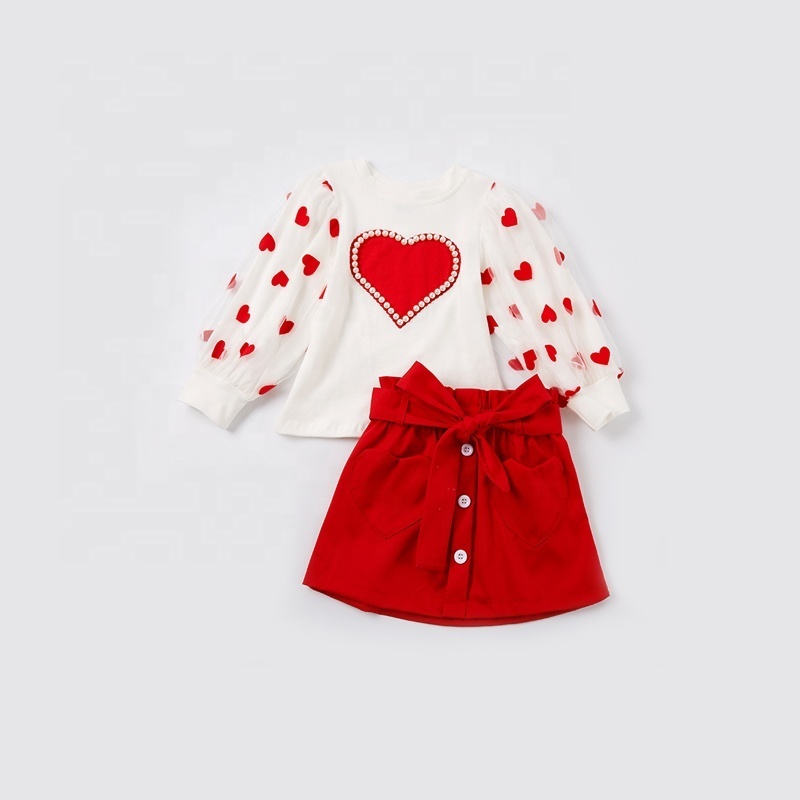 Girlymax 2023 Valentine Day Red Heart love white Veil Puff Ruffle Long Sleeve bow knot red Skirt Baby Girls Outfit