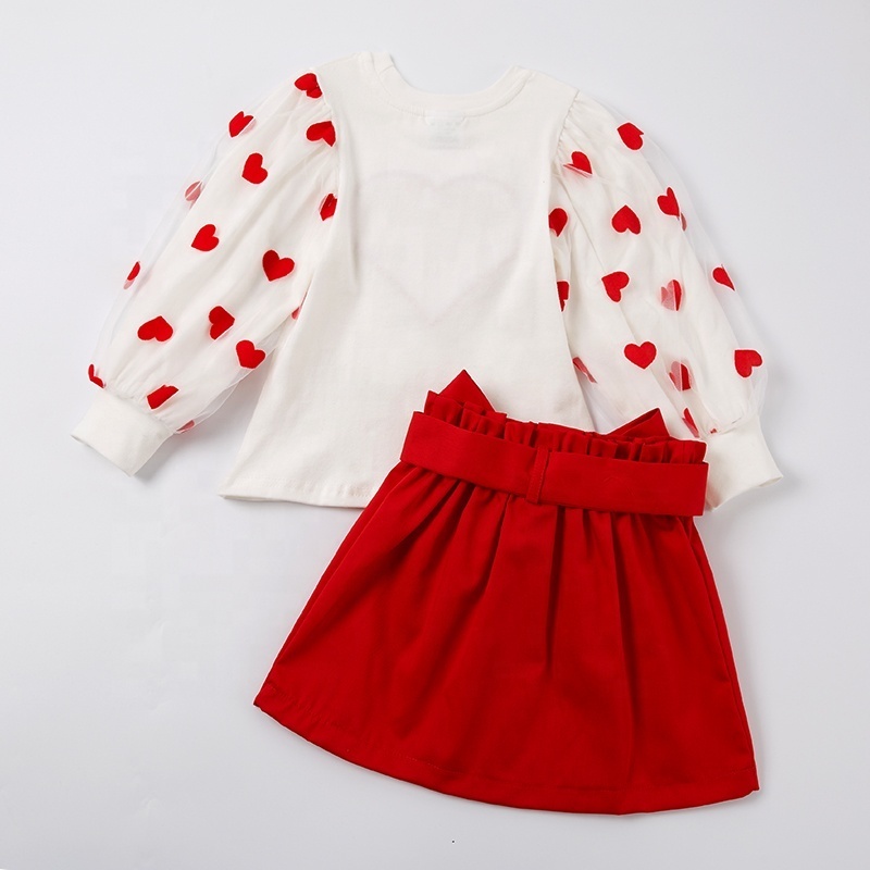 Girlymax 2023 Valentine Day Red Heart love white Veil Puff Ruffle Long Sleeve bow knot red Skirt Baby Girls Outfit