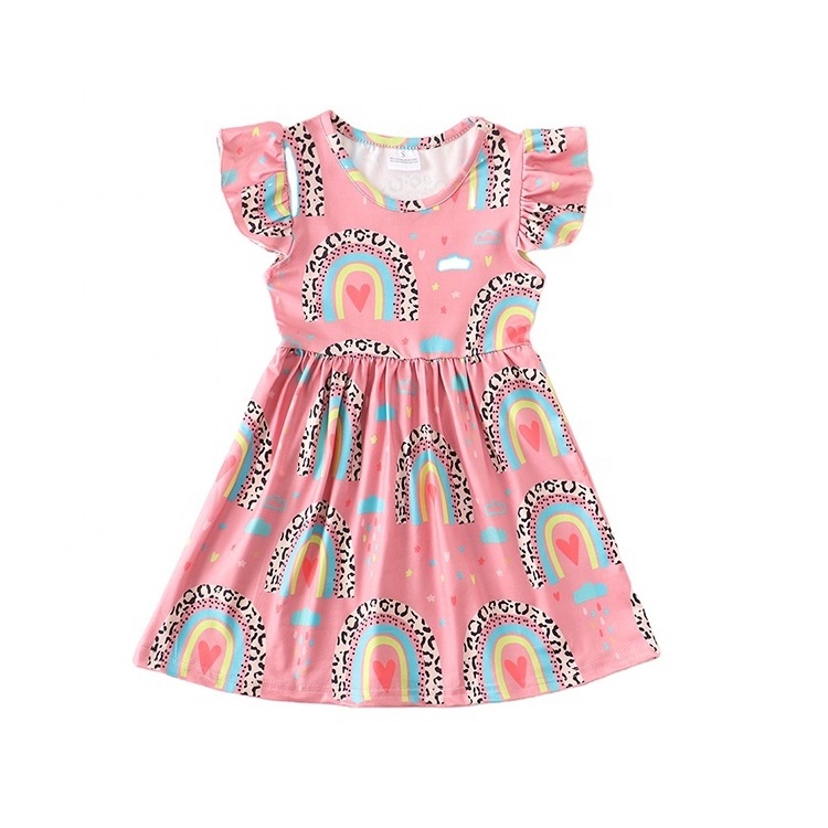 Ship In Seven Days Rainbow Leopard Children Knee-length Short Sleeve Dress 1 Year Baby Girls Dresses Kids