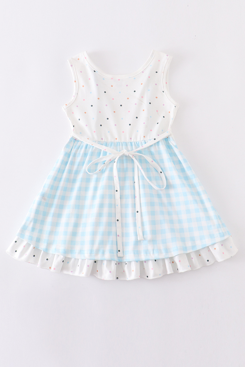 Hot sale Summer Rainbow little princess boutique seersucker smocked dress light blue short sleeve Sweety baby girl dress