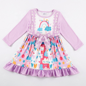 Girlymax 2023 Valentine Violet Rainbow Romantic Ruffle Hem Long Sleeve and Knee Length Boutique Baby Girls Dresses