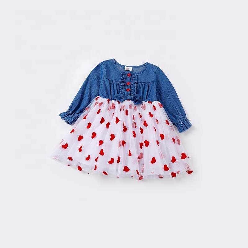 Girlymax 2023 Valentine Blue Red Heart Veil Ruffle  Long Sleeve and Knee Length Boutique Baby Girls Dresses