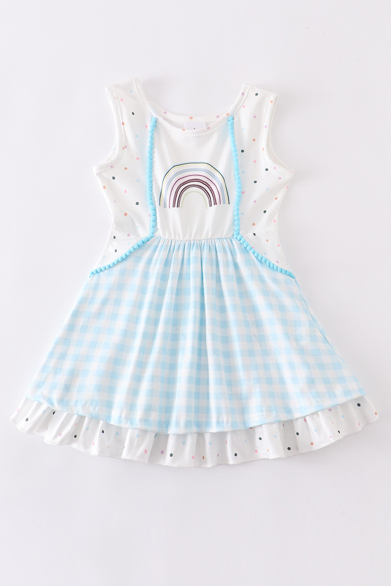 Hot sale Summer Rainbow little princess boutique seersucker smocked dress light blue short sleeve Sweety baby girl dress