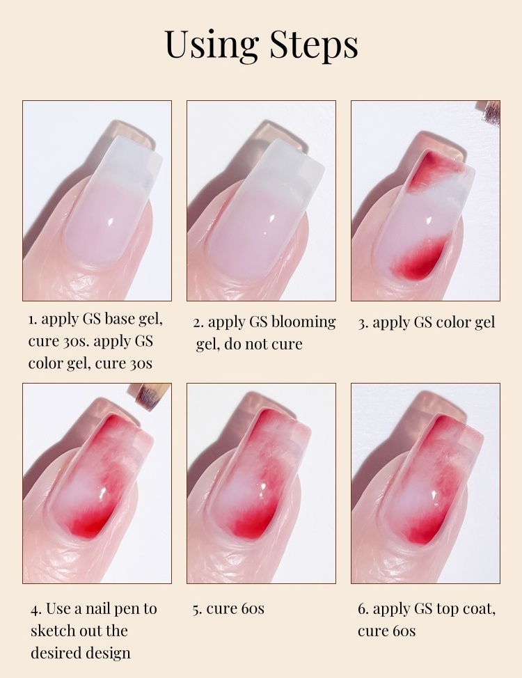 GS Girlsgel Free Sample Wholesale Nail Supplies Nail Painting Hema Free Uv Gel Soak Off Nail Glue Marble Blooming Gel