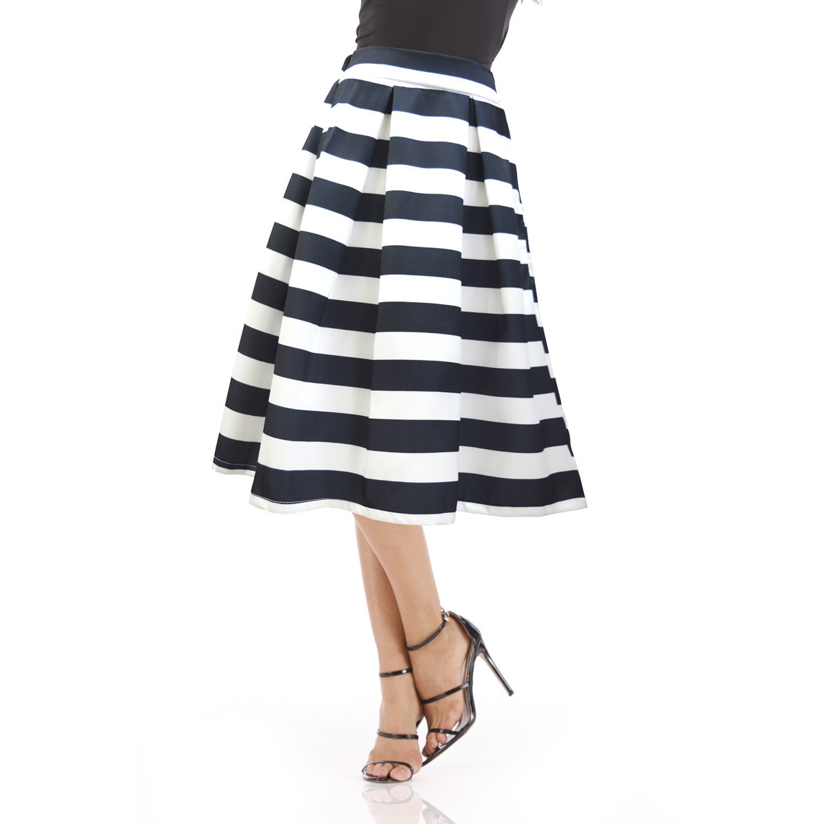 Explosion women's black and white horizontal striped print long skirt large swing A line skirt plus size  dress