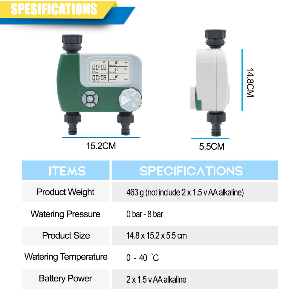 Programmable Digital Hose Faucet Timer Battery Operated Automatic Watering Sprinkler System Irrigation Controller with 2 Outlet
