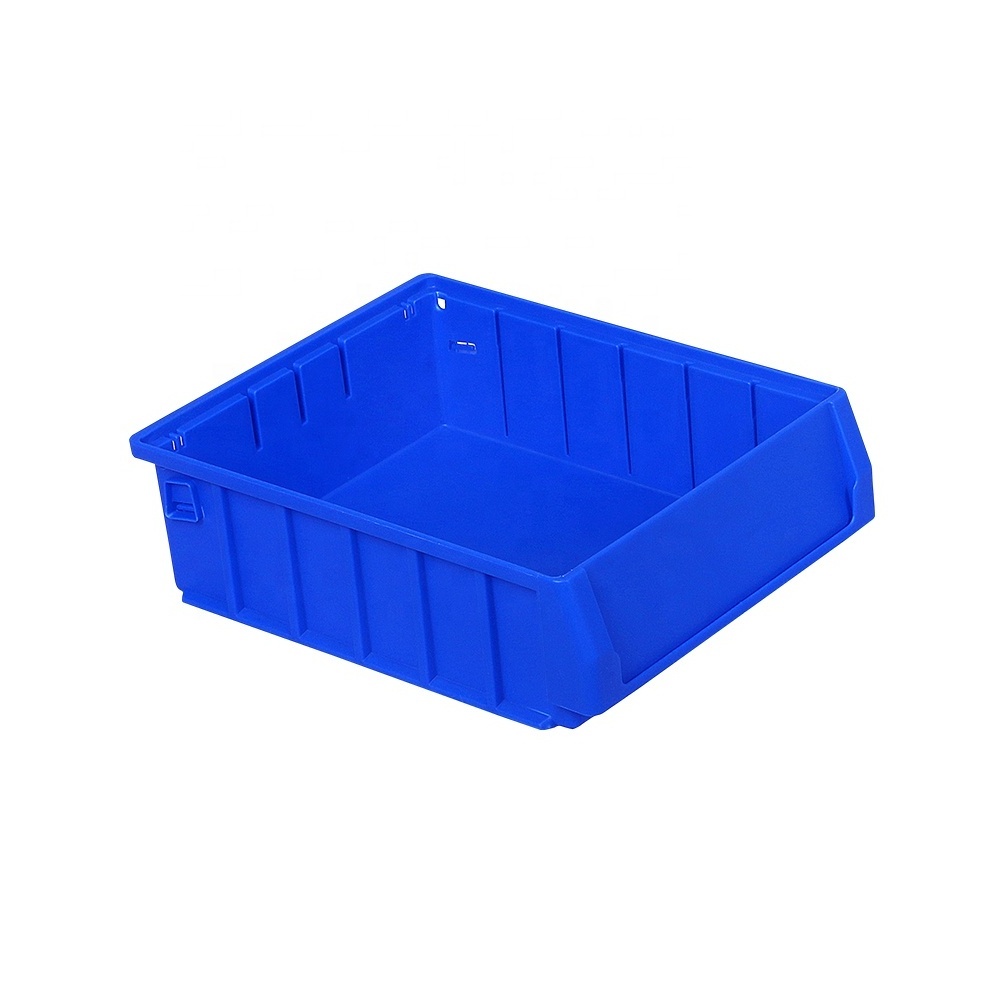 Plastic shelf storage bin with partations