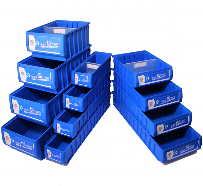 Plastic shelf storage bin with partations