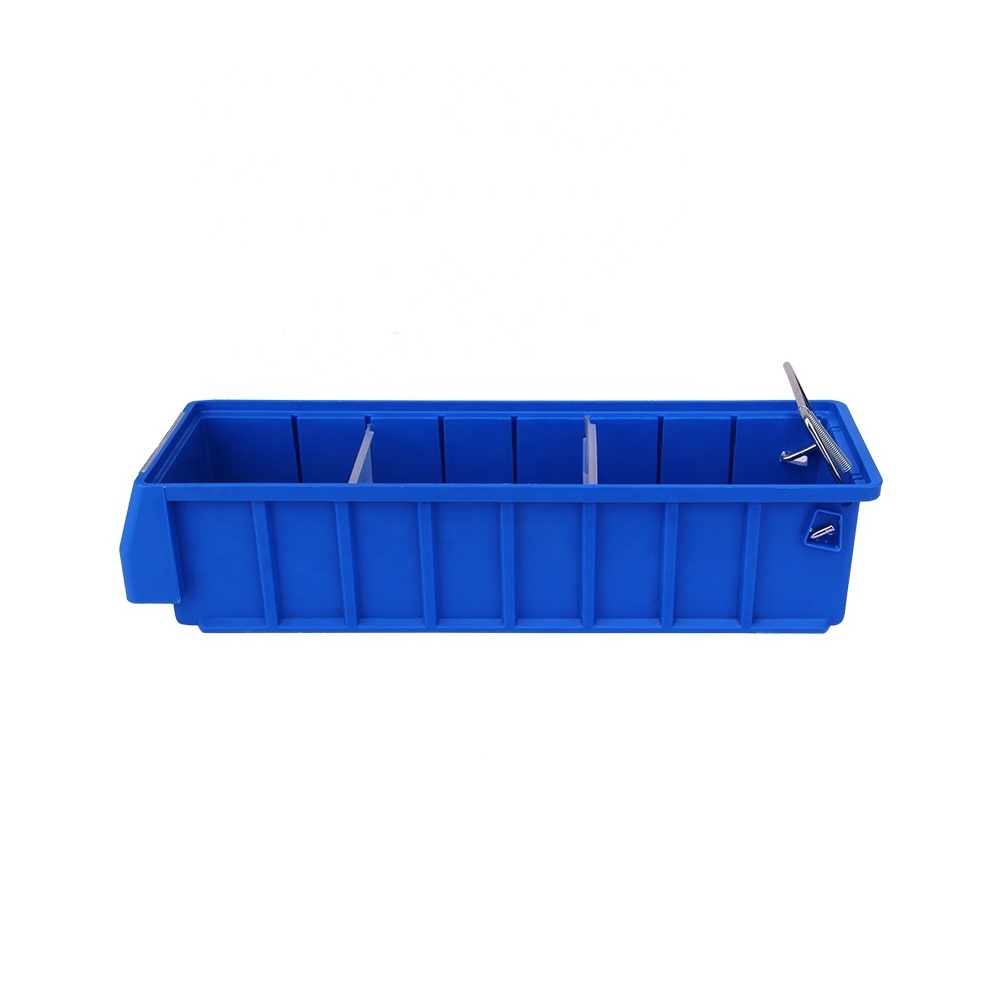 Plastic shelf storage bin with partations