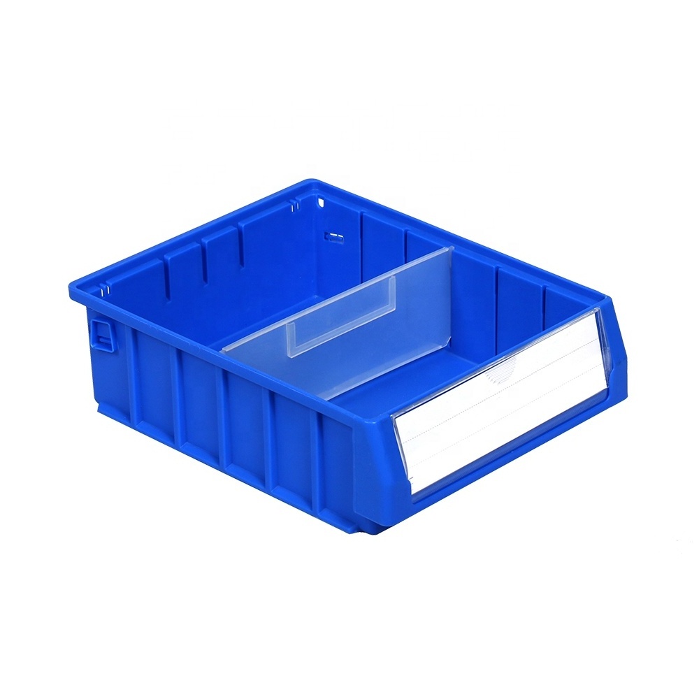 Plastic shelf storage bin with partations