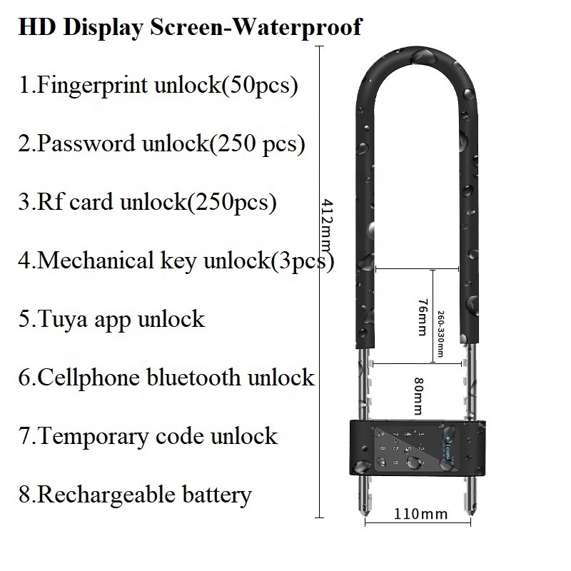 New arrival waterproof tuya app smart u-shaped bike lock biometric password rf card u shaped fingerprint lock for glass door