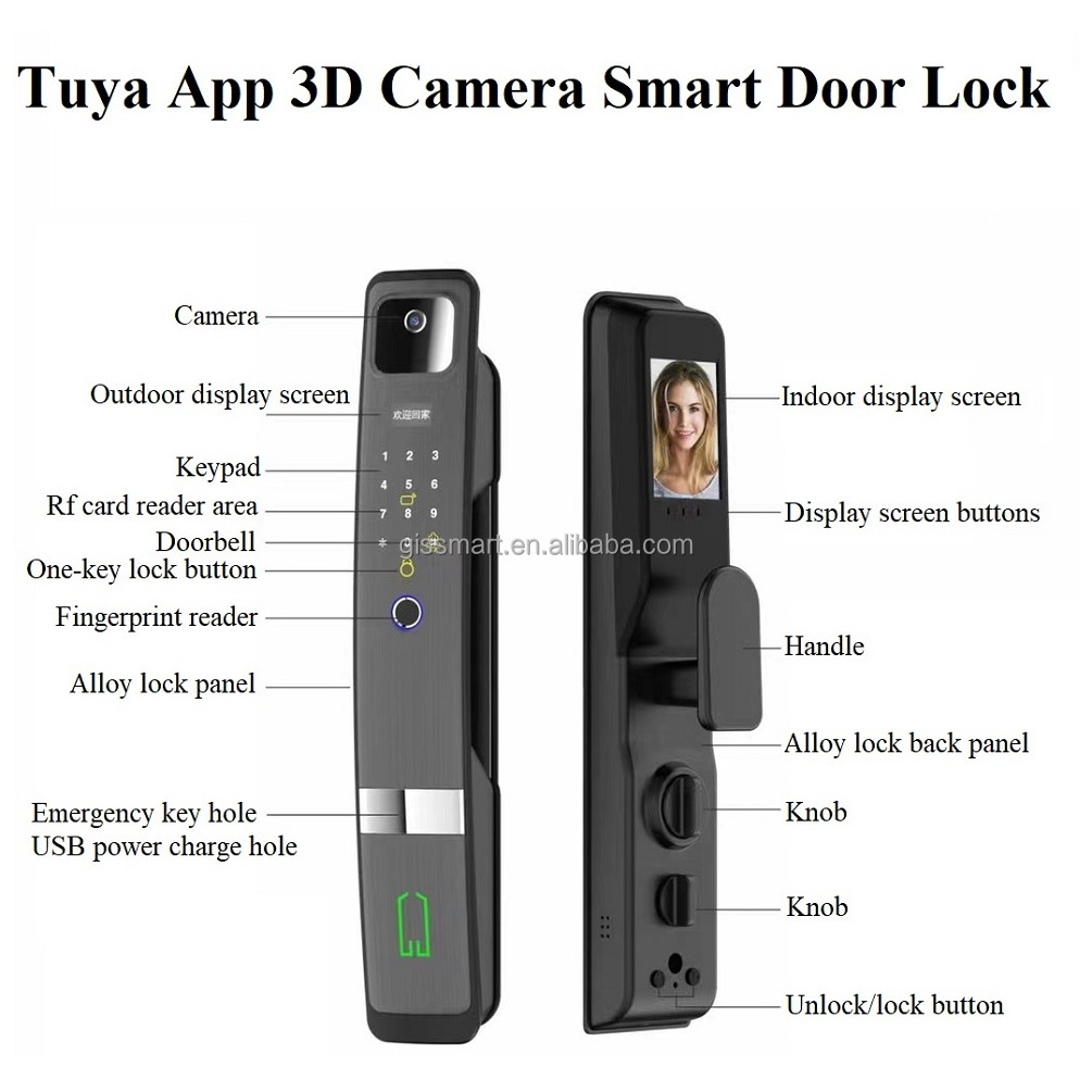 Biometric Door Locks 3D Face Recognition Smart Door Lock with Tuya or Smart Life App Keyless Door Lock Deadbolt with Camera