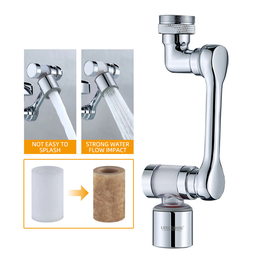 Chromed Brass Anti-splash Faucet 1080 Degrees Rotating Faucet Extender with Replaceable Ceramic Filter and 2 Water Outlet Modes