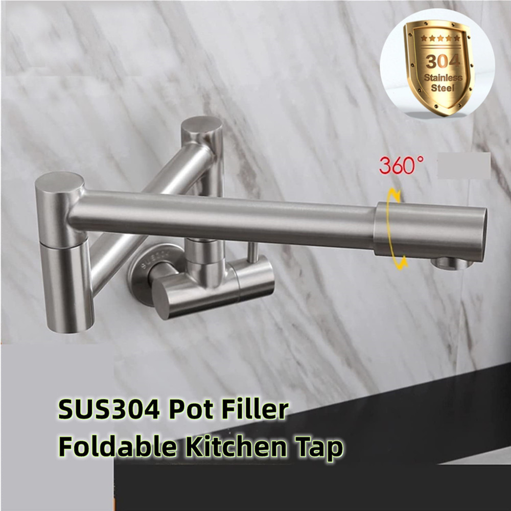 Wall Mount Pot Filler Faucet Kitchen Sink Faucet Cold Water Faucet 304 Stainless Steel Nickel Brushed Folding Modern Ceramic