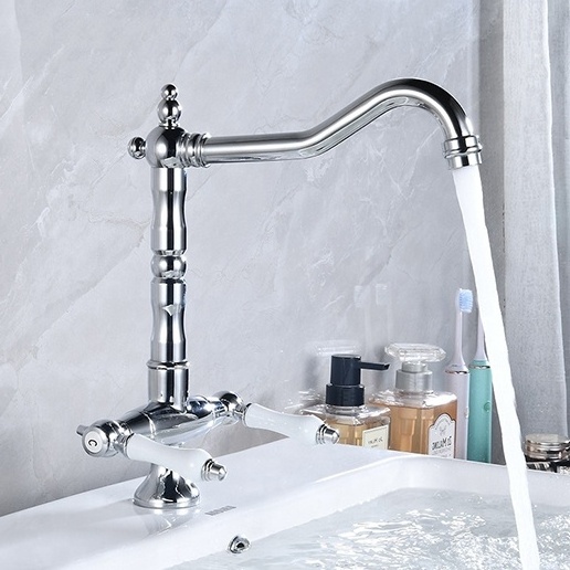 Luxury European Kitchen Taps Brass Body Rotatable Kitchen Sink Faucet Dual Handle Hot Cold Mixer Sink Faucet