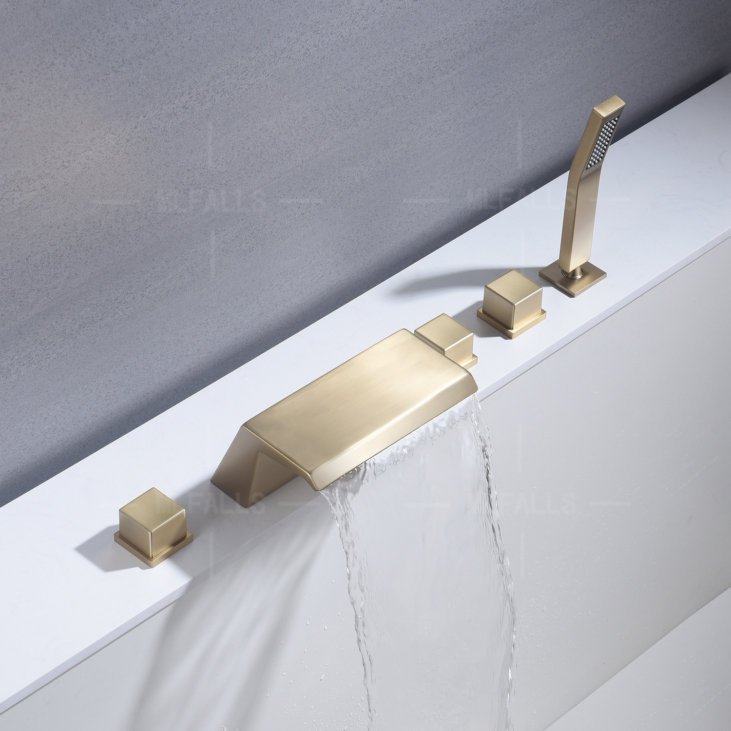 Luxury Bathtub Shower Faucet Brushed Gold  Waterfall Spout 5 Holes Bath Tub Mixer Tap Set with Handheld Shower