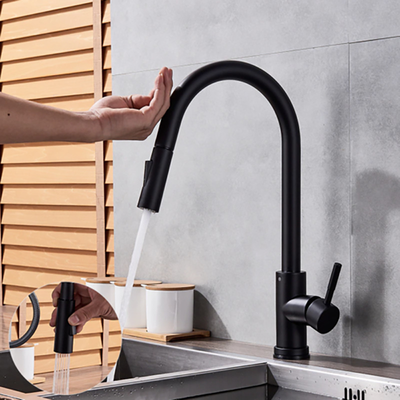 Black Pull Out Water Tap Kitchen Sink Faucet Sprayer Touch Sensor Kitchen Faucet Brass