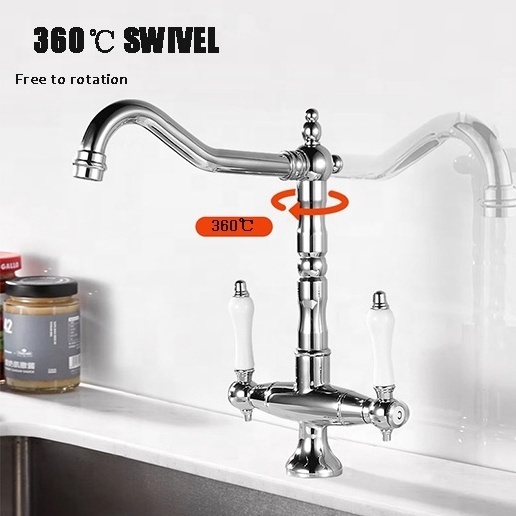 Luxury European Kitchen Taps Brass Body Rotatable Kitchen Sink Faucet Dual Handle Hot Cold Mixer Sink Faucet