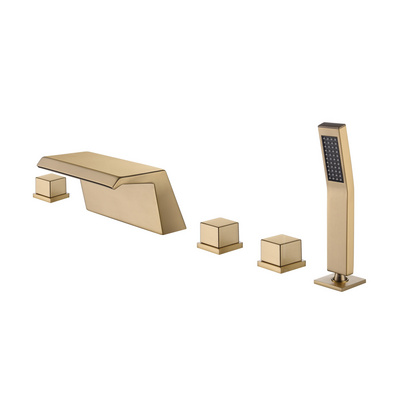 Luxury Bathtub Shower Faucet Brushed Gold  Waterfall Spout 5 Holes Bath Tub Mixer Tap Set with Handheld Shower