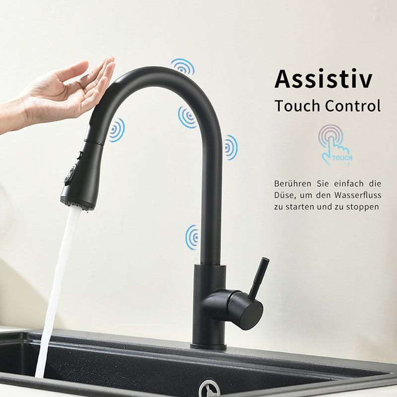 Black Pull Out Water Tap Kitchen Sink Faucet Sprayer Touch Sensor Kitchen Faucet Brass