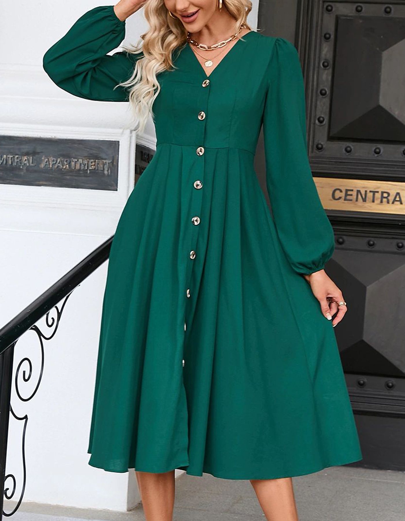 Plus size Solid V Neck Dress Elegant Lantern Sleeve Button Women's Clothing party long elegant retro loose summer casual dress