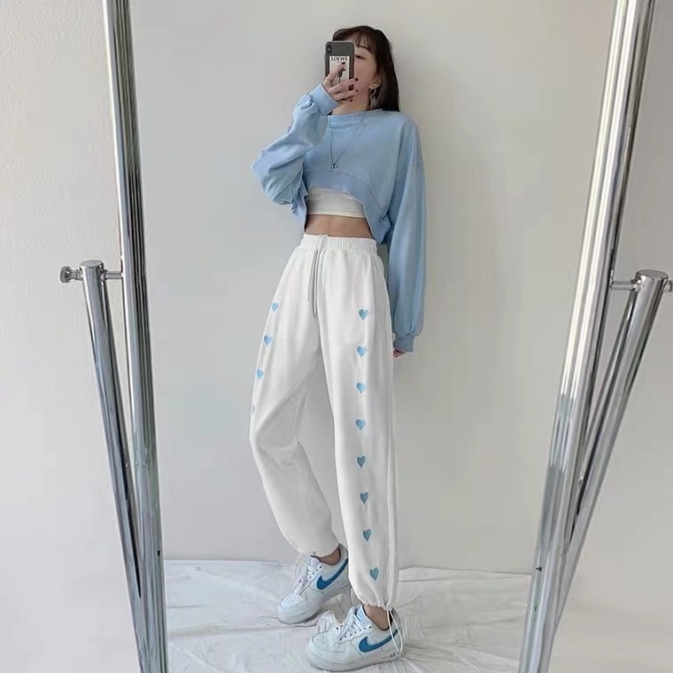 2024 Spring New Embroidered Love Baggy Pants Wide Leg Pants with Drawstring High Waist Straight Women Casual Medium Sweatpants