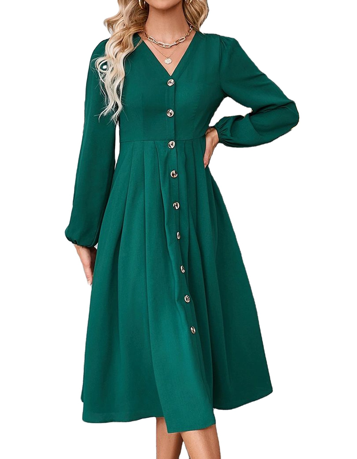 Plus size Solid V Neck Dress Elegant Lantern Sleeve Button Women's Clothing party long elegant retro loose summer casual dress