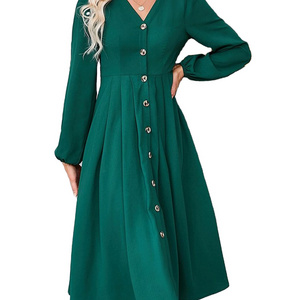 Plus size Solid V Neck Dress Elegant Lantern Sleeve Button Women's Clothing party long elegant retro loose summer casual dress