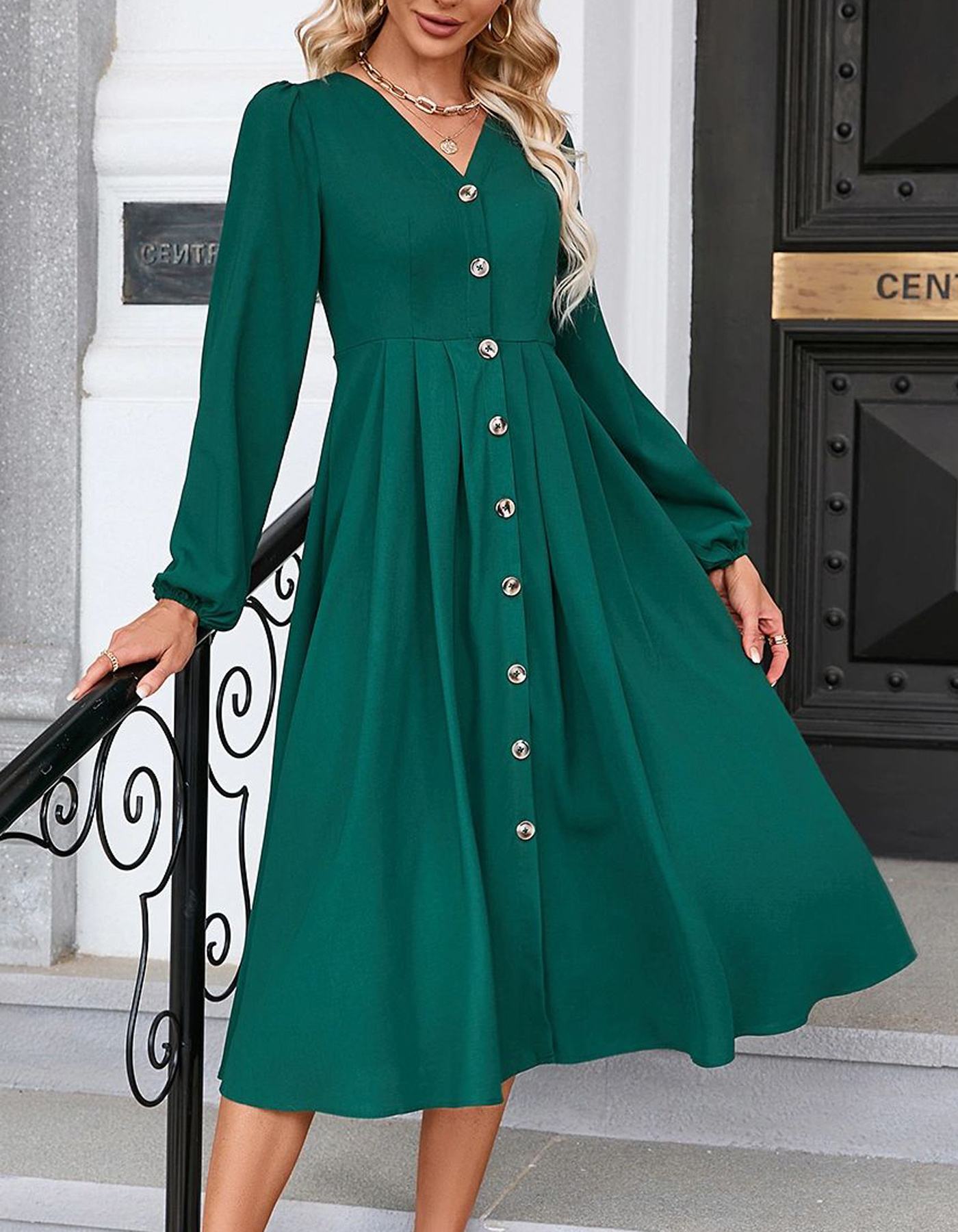 Plus size Solid V Neck Dress Elegant Lantern Sleeve Button Women's Clothing party long elegant retro loose summer casual dress