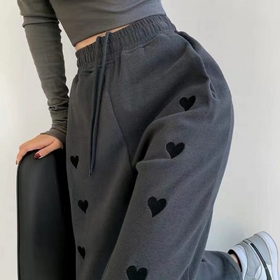 2024 Spring New Embroidered Love Baggy Pants Wide Leg Pants with Drawstring High Waist Straight Women Casual Medium Sweatpants