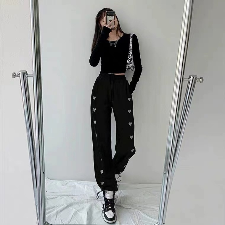 2024 Spring New Embroidered Love Baggy Pants Wide Leg Pants with Drawstring High Waist Straight Women Casual Medium Sweatpants