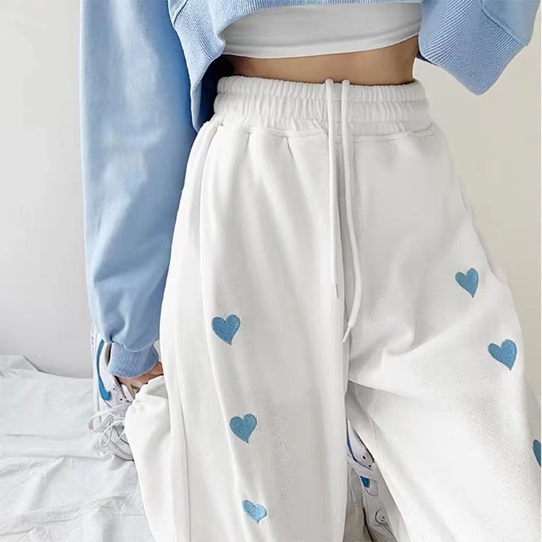 2024 Spring New Embroidered Love Baggy Pants Wide Leg Pants with Drawstring High Waist Straight Women Casual Medium Sweatpants