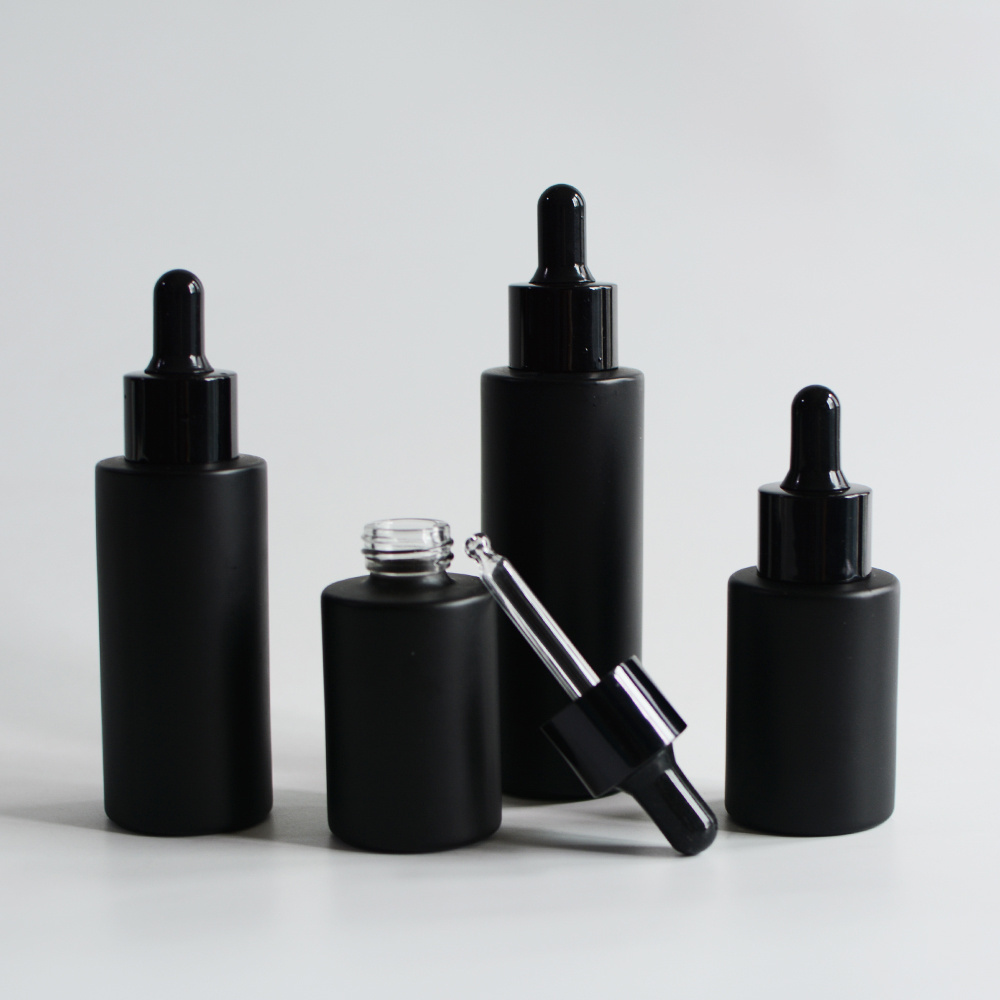 Wholesale Cosmetic Packaging 20ml 30ml 50ml 60ml 80ml 100ml Matte Black Glass Hair Skin Men Essential Serum Oil Dropper Bottles