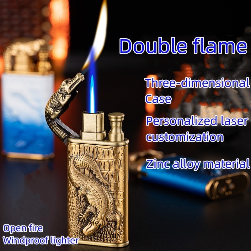 Wholesale Double Fire Crocodile Head Gas Lighter Personality Creative Three-dimensional Relief Conversion Open Flame Lighter