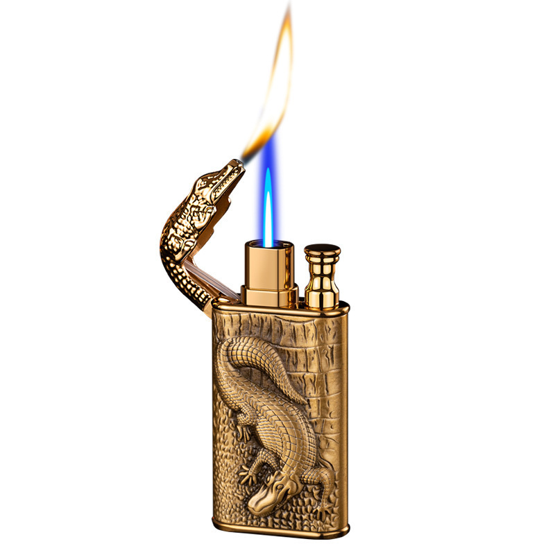 Wholesale Double Fire Crocodile Head Gas Lighter Personality Creative Three-dimensional Relief Conversion Open Flame Lighter